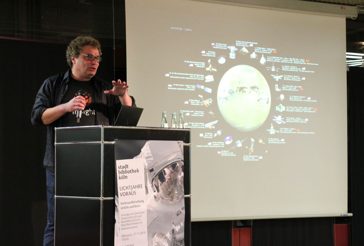 Leinwand mit Vortragsfolie. Darauf die bisherigen Marsmissionen. Links daneben der Vortragende..