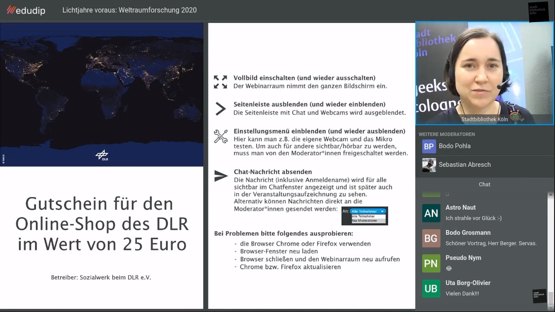Webinar-Oberfläche von edudip während einer Quizfrage. Links ein Gutschein für den Online-Shop des DLR im Wert von 25 Euro. In der Mitte eine Anleitungen zur Benutzung von edudip. Rechts das Kamerabild der Moderatorin Babett Hartmann. Darunter der Chat der Veranstaltung. Teilnehmende danken noch dem Vortragenden Dokto Thomas Berger.