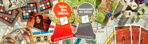 Eine rote und eine graue Spielfigur vor einem Hintergrund aus verschiedenen Gesellschaftsspielen. Auf der großen roten Spielfigur steht "Spiel des Jahres" und "Kritikerpreis". Auf der großen grauen Spielfigur steht "Kennerspiel des Jahres" und "Kritikerpreis". Beide Spielfiguren haben in der Mitte ein weißes Quadrat mit einem Fragezeichen, umgeben von einem Lorbeerkranz.